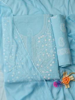 ADA - Lucknowi Chikankari Blue Cotton Unstitched Kurta and Pant with Dupatta