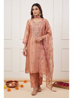 DEVRI - Peach Crush Tissue Silk Embroidered Unstitched Kurta and Pant with Dupatta