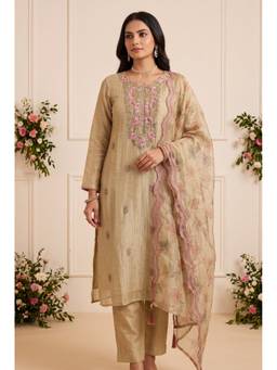 DEVRI - Beige Crush Tissue Silk Embroidered Unstitched Kurta and Pant with Dupatta