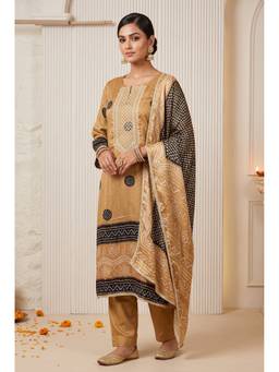 DEVRI - Beige Gajji Silk Printed Unstitched Kurta and Pant with Dupatta
