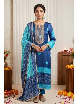 DEVRI - Blue Gajji Silk Printed Unstitched Kurta and Pant with Dupatta