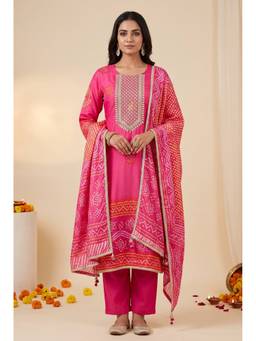DEVRI - Pink Gajji Silk Printed Unstitched Kurta and Pant with Dupatta