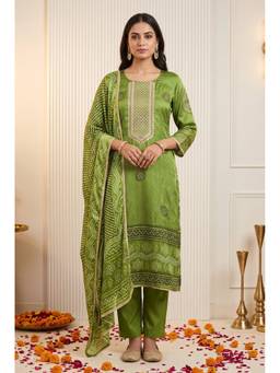 DEVRI - Olive Gajji Silk Printed Unstitched Kurta and Pant with Dupatta
