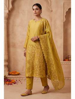DEVRI - Mustard Tissue Crush Silk Embroidered Unstitched Kurta and Pant with Dupatta