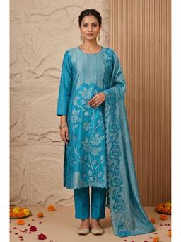 DEVRI - Blue Tissue Crush Silk Embroidered Unstitched Kurta and Pant with Dupatta