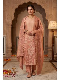 DEVRI - Peach Tissue Crush Silk Embroidered Unstitched Kurta and Pant with Dupatta