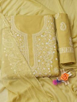ADA - Lucknowi Chikankari Mehendi Green Cotton Unstitched Kurta and Pant with Dupatta