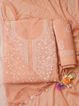 ADA - Lucknowi Chikankari Dusty Peach Cotton Unstitched Kurta and Pant with Dupatta