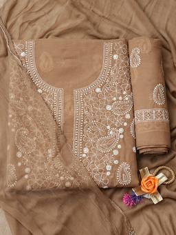 ADA - Lucknowi Chikankari Brown Cotton Unstitched Kurta and Pant with Dupatta