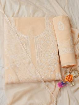 ADA - Lucknowi Chikankari Peach Cotton Unstitched Kurta and Pant with Dupatta