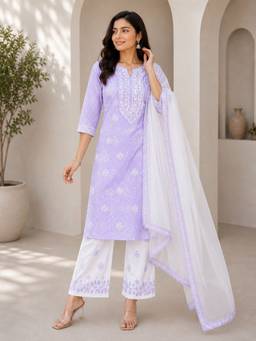 ADA - Lucknowi Chikankari Mauve Cotton Unstitched Kurta and Pant with Dupatta