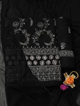 ADA - Lucknowi Chikankari Black Cotton Unstitched Kurta and Pant with Dupatta