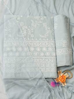 ADA - Lucknowi Chikankari Grey Cotton Unstitched Kurta and Pant with Dupatta