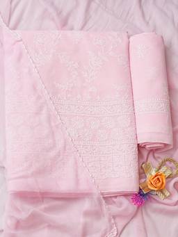 ADA - Lucknowi Chikankari Pink Cotton Unstitched Kurta and Pant with Dupatta