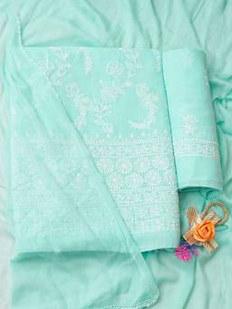 ADA - Lucknowi Chikankari Sea Green Cotton Unstitched Kurta and Pant with Dupatta