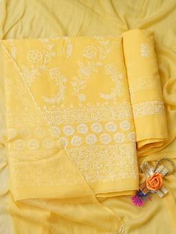 ADA - Lucknowi Chikankari Yellow Cotton Unstitched Kurta and Pant with Dupatta