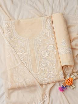 ADA - Lucknowi Chikankari Beige Cotton Unstitched Kurta and Pant with Dupatta