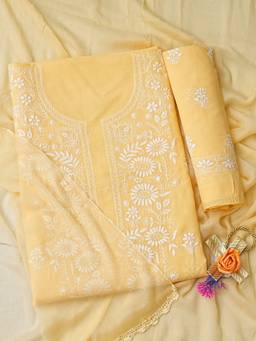ADA - Lucknowi Chikankari Yellow Cotton Unstitched Kurta and Pant with Dupatta