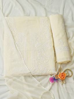 ADA - Lucknowi Chikankari Cream Cotton Unstitched Kurta and Pant with Dupatta