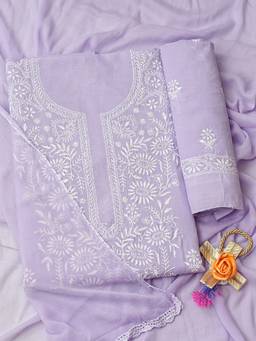 ADA - Lucknowi Chikankari Mauve Cotton Unstitched Kurta and Pant with Dupatta