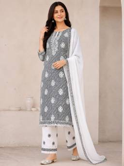 ADA - Lucknowi Chikankari Black Cotton Unstitched Kurta and Pant with Dupatta