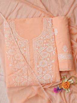 ADA - Lucknowi Chikankari Peach Cotton Unstitched Kurta and Pant with Dupatta