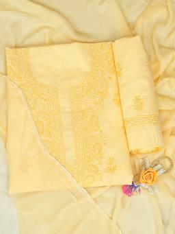 ADA - Lucknowi Chikankari Yellow Cotton Unstitched Kurta and Pant with Dupatta