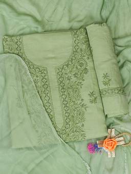 ADA - Lucknowi Chikankari Dark Green Cotton Unstitched Kurta and Pant with Dupatta