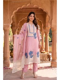 WOOMN - Pink Embroidered Straight Kurta with Pant and Dupatta