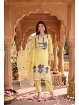 WOOMN - Yellow Embroidered Straight Kurta with Pant and Dupatta