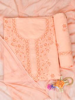 ADA - Lucknowi Chikankari Peach Cotton Unstitched Kurta and Pant with Dupatta
