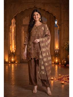 WOOMN - Brown Embroidered Straight Kurta with Pants and Dupatta
