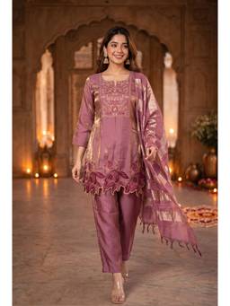WOOMN - Purple Embroidered Straight Kurta with Pant and Dupatta