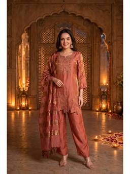 WOOMN - Rust Embroidered Straight Kurta with Pants and Dupatta