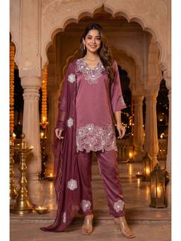 WOOMN - Purple Embroidered Kurta with Pant and Dupatta