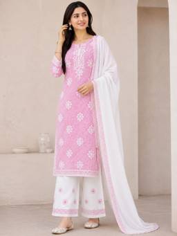 ADA - Lucknowi Chikankari Pink Cotton Unstitched Kurta and Pant with Dupatta