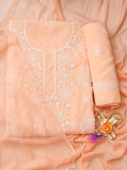 ADA - Lucknowi Chikankari Peach Cotton Unstitched Kurta and Pant with Dupatta