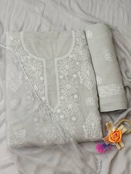 ADA - Lucknowi Chikankari Grey Cotton Unstitched Kurta and Pant with Dupatta