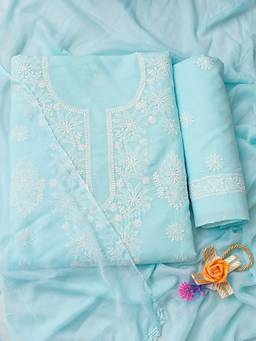 ADA - Lucknowi Chikankari Blue Cotton Unstitched Kurta and Pant with Dupatta