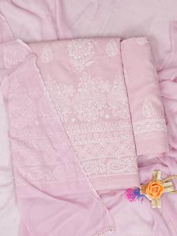 ADA - Lucknowi Chikankari Dusty Pink Cotton Unstitched Kurta and Pant with Dupatta
