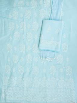 ADA - Lucknowi Chikankari Blue Cotton Unstitched Kurta and Pant with Dupatta