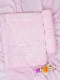 ADA - Lucknowi Chikankari Pink Cotton Unstitched Kurta and Pant with Dupatta