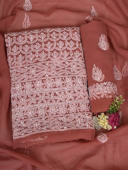 ADA - Lucknowi Chikankari Rust Georgette Unstitched Kurta and Pant with Dupatta