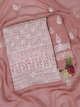 ADA - Lucknowi Chikankari Dusty Pink Georgette Unstitched Kurta and Pant with Dupatta