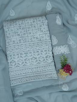 ADA - Lucknowi Chikankari Grey Georgette Unstitched Kurta and Pant with Dupatta