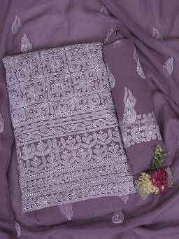 ADA - Lucknowi Chikankari Mauve Georgette Unstitched Kurta and Pant with Dupatta