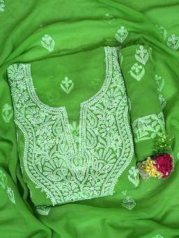 ADA - Lucknowi Chikankari Green Georgette Unstitched Kurta and Pant with Dupatta