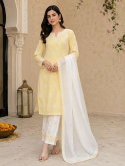 ADA - Lucknowi Chikankari Yellow Cotton Unstitched Kurta and Pant with Dupatta