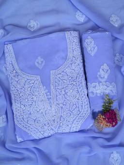 ADA - Chikankari Blue Georgette Unstitched Kurta and Pant with Dupatta