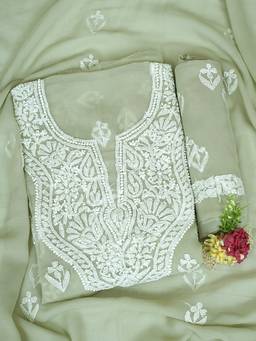 ADA - Lucknowi Chikankari Sage Green Georgette Unstitched Kurta and Pant with Dupatta